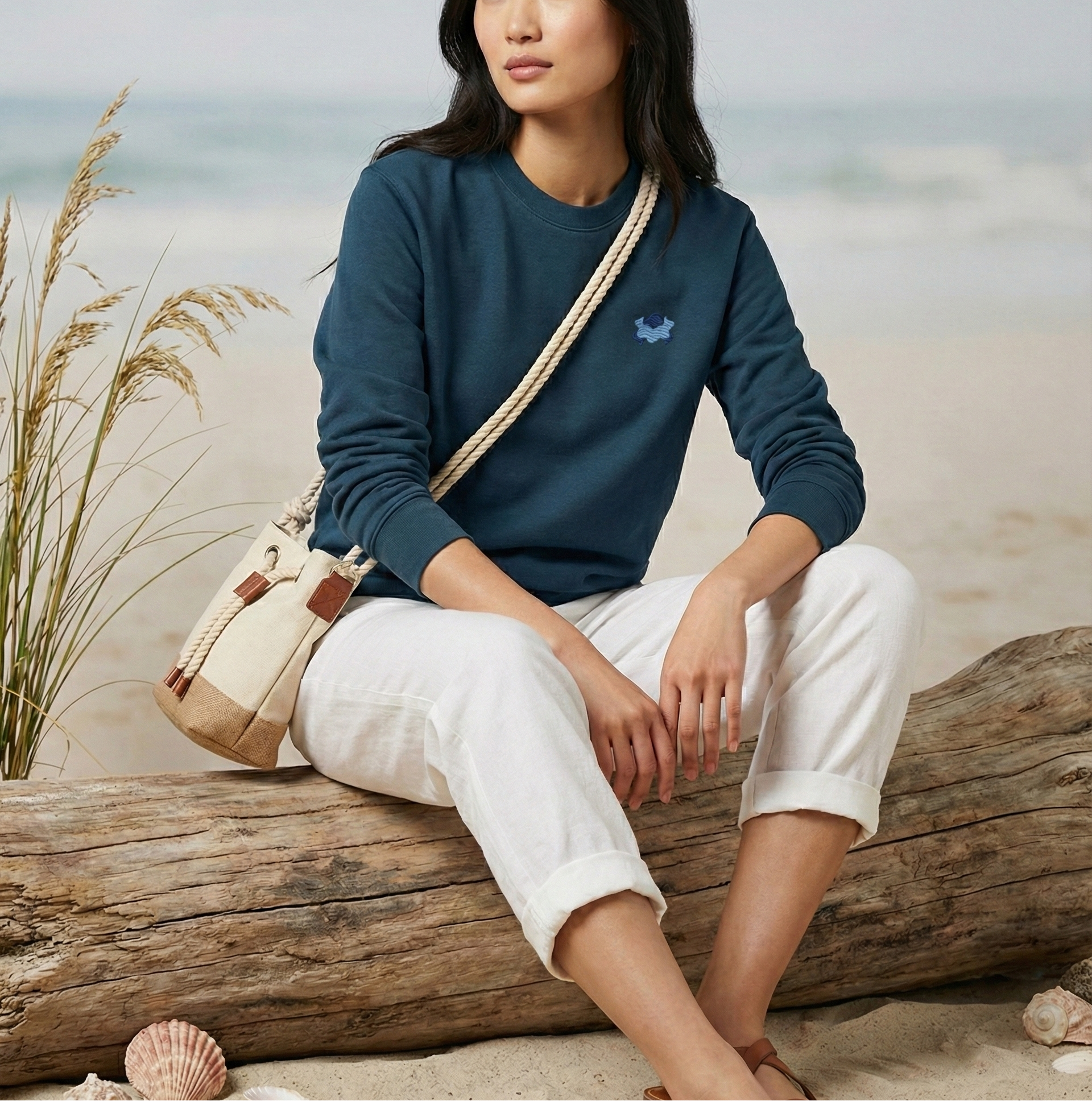 Woman sitting on a log by the beach wearing a blue sweater and white pants.